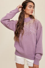 Purple Sequin Knit Mock Neck Maternity Sweater