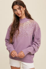 Purple Sequin Knit Mock Neck Sweater