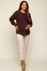 Brown Waffle Knit Round Hem Maternity Sweater