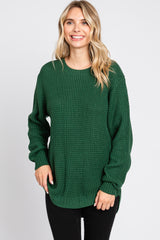 Green Waffle Knit Round Hem Sweater