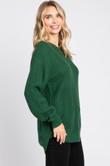 Green Waffle Knit Round Hem Sweater