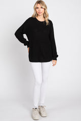 Black Waffle Knit Round Hem Sweater