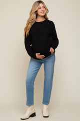 Black Waffle Knit Round Hem Maternity Sweater