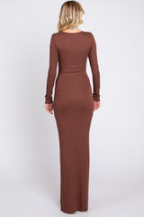 Brown Ribbed Long Sleeve Square Neck Maxi Dress