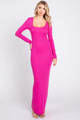 Fuchsia Ribbed Long Sleeve Square Neck Maxi Dress