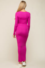 Fuchsia Ribbed Long Sleeve Square Neck Maternity Maxi Dress