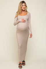 Taupe Ribbed Long Sleeve Square Neck Maternity Maxi Dress