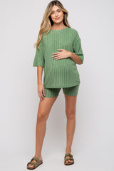 Light Olive Ribbed Soft Short Sleeve Maternity Shorts Set