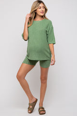 Light Olive Ribbed Soft Short Sleeve Maternity Shorts Set