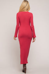 Red Ribbed Side Slit Maternity Maxi Dress