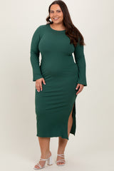 Forest Green Ribbed Side Slit Maternity Plus Maxi Dress