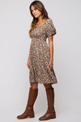 Mocha Floral Smocked Square Neck Short Sleeve Dress