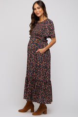 Navy Blue Floral Smocked Flutter Short Sleeve Maternity Midi Dress