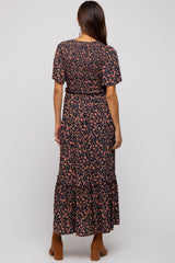 Navy Blue Floral Smocked Flutter Short Sleeve Maternity Midi Dress