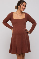 Brown Square Neck Long Sleeve Maternity Dress