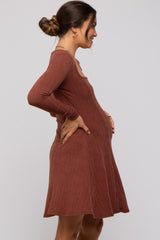 Brown Square Neck Long Sleeve Maternity Dress