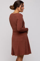 Brown Square Neck Long Sleeve Maternity Dress