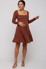 Brown Square Neck Long Sleeve Maternity Dress