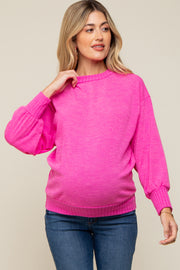 Fuchsia Balloon Sleeve Ribbed Hem Maternity Sweater