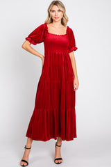 Red Velvet Tiered Maternity Midi Dress