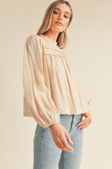 Cream Pintuck Yoke Top With Long Puff Sleeves