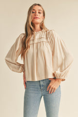 Cream Pintuck Yoke Top With Long Puff Sleeves