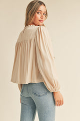 Cream Pintuck Yoke Top With Long Puff Sleeves