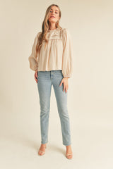 Cream Pintuck Yoke Top With Long Puff Sleeves