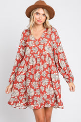 Rust Floral V-Neck Long Sleeve Maternity Dress