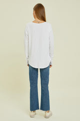 White Long Sleeve Curved Hem Top