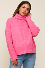 Pink Ribbed Boucle Knit Turtleneck Maternity Sweater