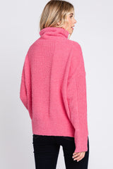 Pink Ribbed Boucle Knit Turtleneck Sweater