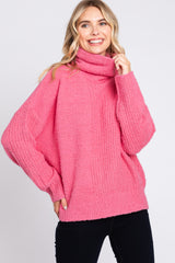 Pink Ribbed Boucle Knit Turtleneck Sweater