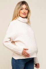 Cream Ribbed Boucle Knit Turtleneck Maternity Sweater