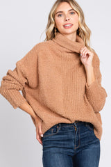 Camel Ribbed Boucle Knit Turtleneck Sweater