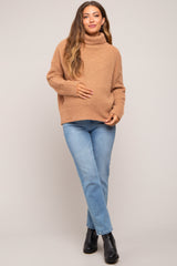 Camel Ribbed Boucle Knit Turtleneck Maternity Sweater