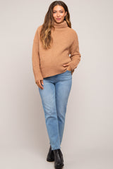 Camel Ribbed Boucle Knit Turtleneck Maternity Sweater