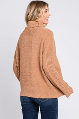 Camel Ribbed Boucle Knit Turtleneck Sweater