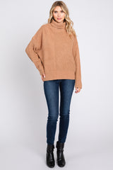 Camel Ribbed Boucle Knit Turtleneck Sweater