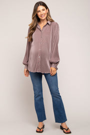 Taupe Plisse Button Up Long Sleeve Maternity Top