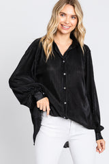 Black Plisse Button Up Long Sleeve Top