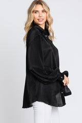 Black Plisse Button Up Long Sleeve Top