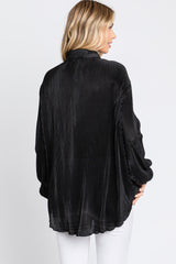 Black Plisse Button Up Long Sleeve Top