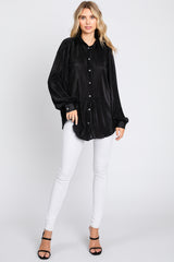 Black Plisse Button Up Long Sleeve Top