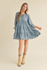 Dusty Denim Blue Tiered Long Sleeve Mini Dress