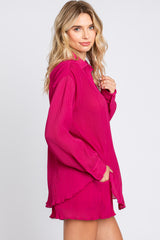 Fuchsia Pleated Long Sleeve Short Set