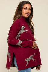 Burgundy Animal Print Side Slit Maternity Sweater