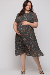 Forest Green Floral Pleated Chiffon Maternity Plus Midi Dress