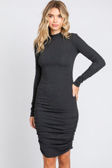 Charcoal Ribbed Mock Neck Ruched Long Sleeve Dress