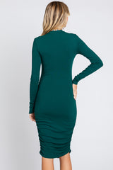 Green Ribbed Mock Neck Ruched Long Sleeve Dress